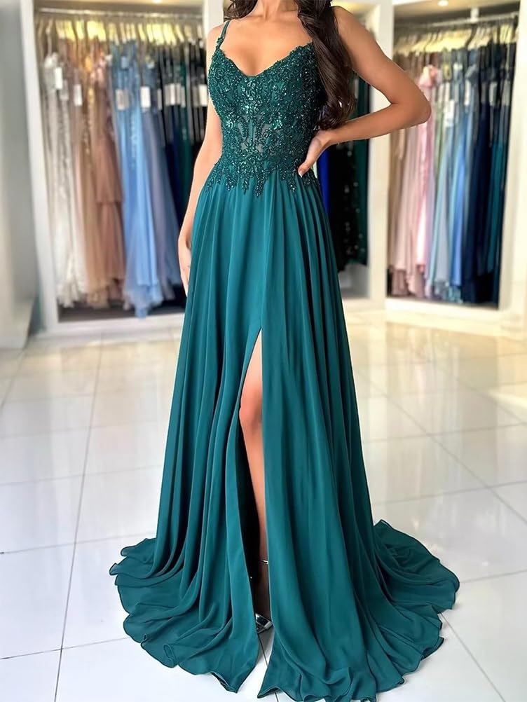 shownicer Abito Cerimonia Donna Vestito Lunghi Eleganti Matrimonio Abito da Sera in Chiffon Vita Alta Scollo A V Abiti in Pizzo Vestiti con Spacco