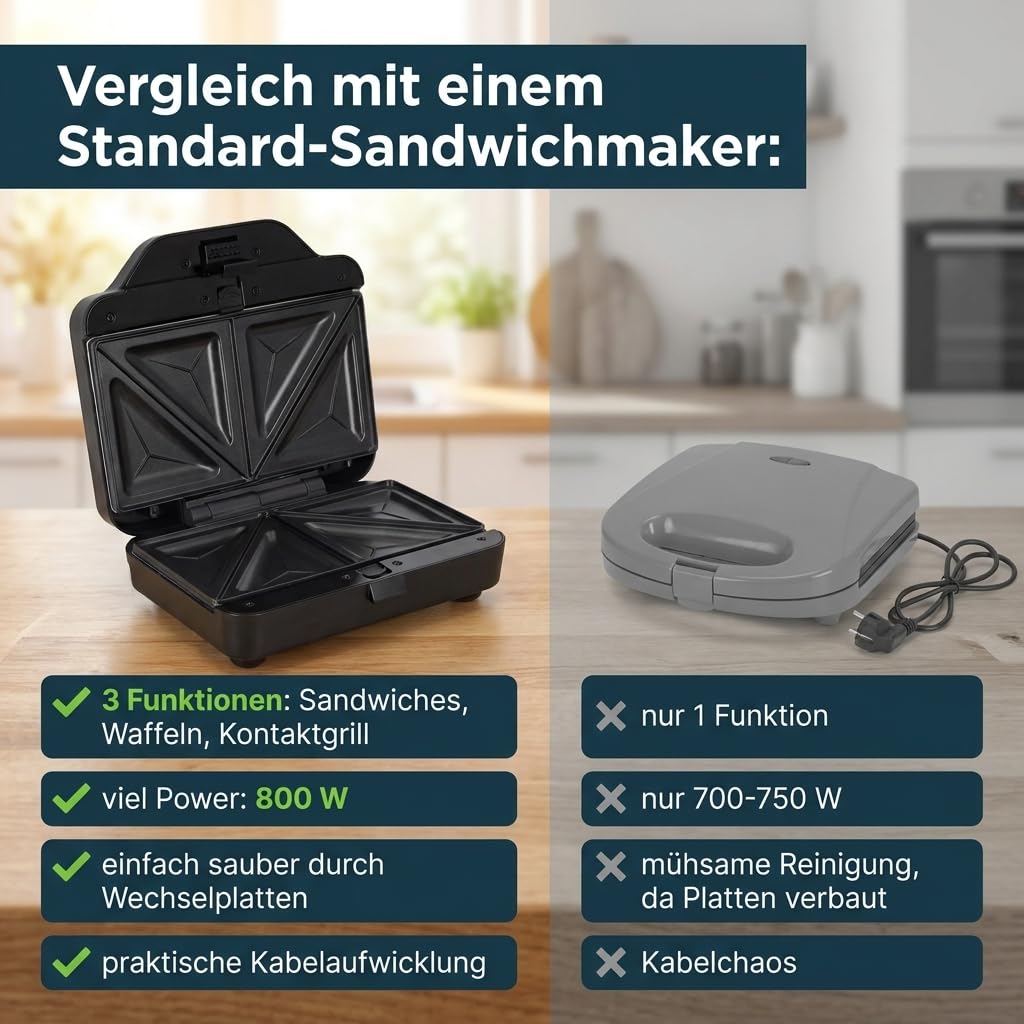 ADE 3-in-1 Sandwichmaker | Sandwichtoaster & Panini-Maker | 800W | Antihaft | Waffeleisen & Kontaktgrill mit 3 Wechselplatten | belgische Waffeln & goldbraune Toasts fürs Sonntagsfrühstück