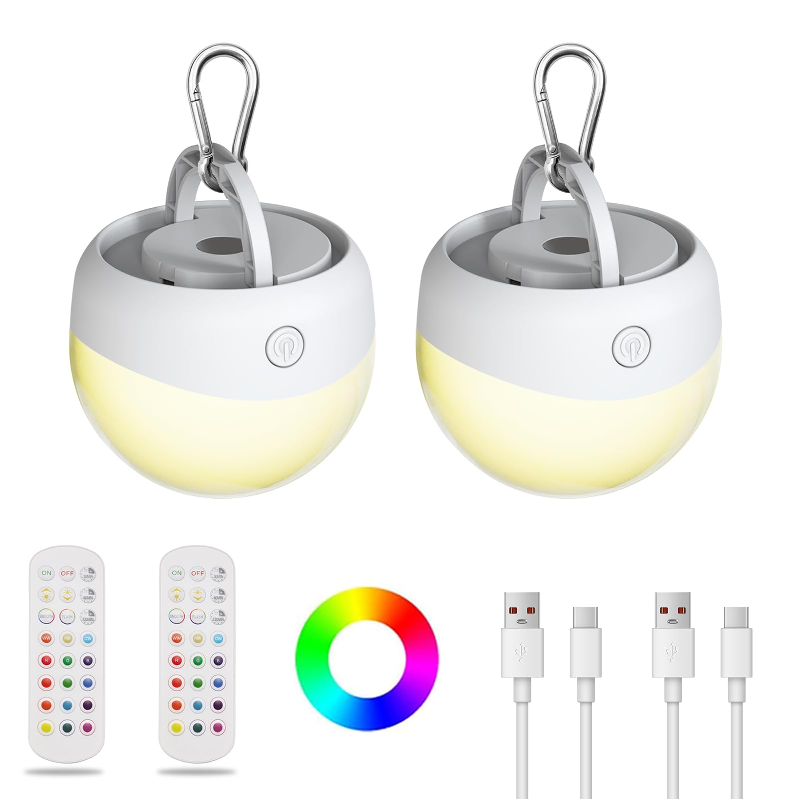 Maihaha Camping Lights Rechargeable, Magnetic Camping Lamps for Tent, Night Lights, Rechargeable Light Bulb with Remote Control, Timer, RGBW, Dimmable, 2600mAh x 2 Packs