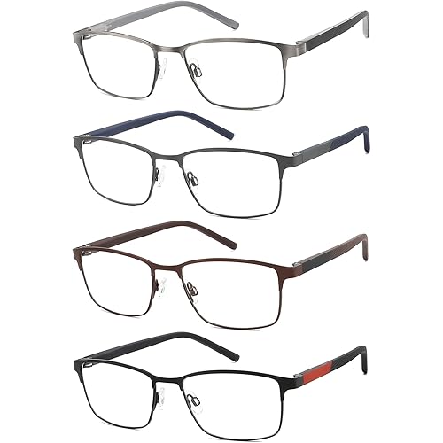 4 Pack Reading Glasses for Men, Blue Light Blocking Computer Readers, Anti UV Ray/Eye Strain/Glare, Metal Frame Eyeglasses with Pouches(175 Magnification Strength)