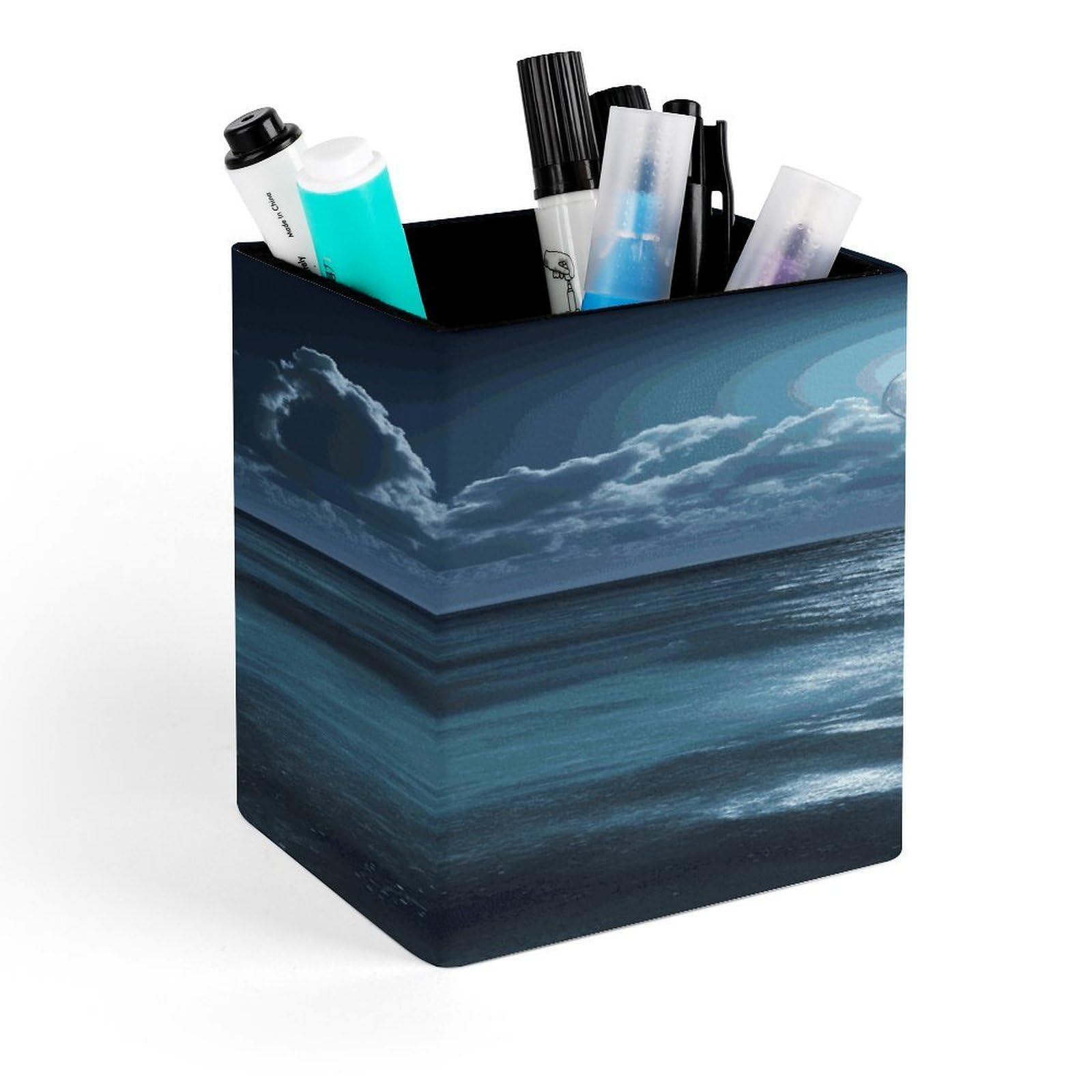 FekiLoot Sea And Moon Pencil Holder for Desk Square Leather Pen Holder Cup Desktop Organizer Multi-Functional Pencil Cup Holders Modern Decorative Desk Organizer Caddy Makeup Brush Holders