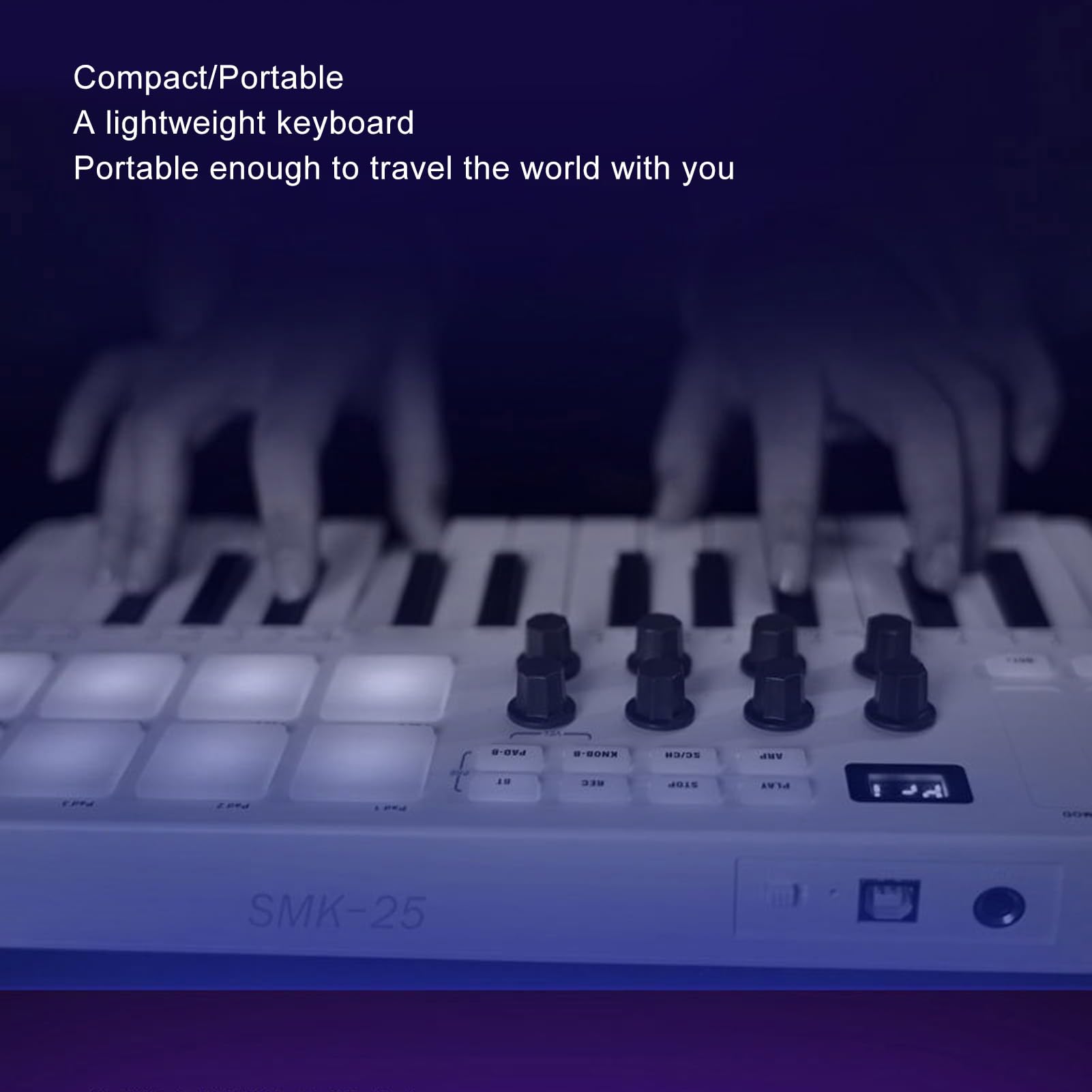 XUMIUZIY Teclado Midi de 25 Teclas, Controlador de Teclado Midi Bluetooth con 8 Almohadillas batería retroiluminadas RGB y 8 perillas, Beat Maker portátil y Keytar para producción Musical