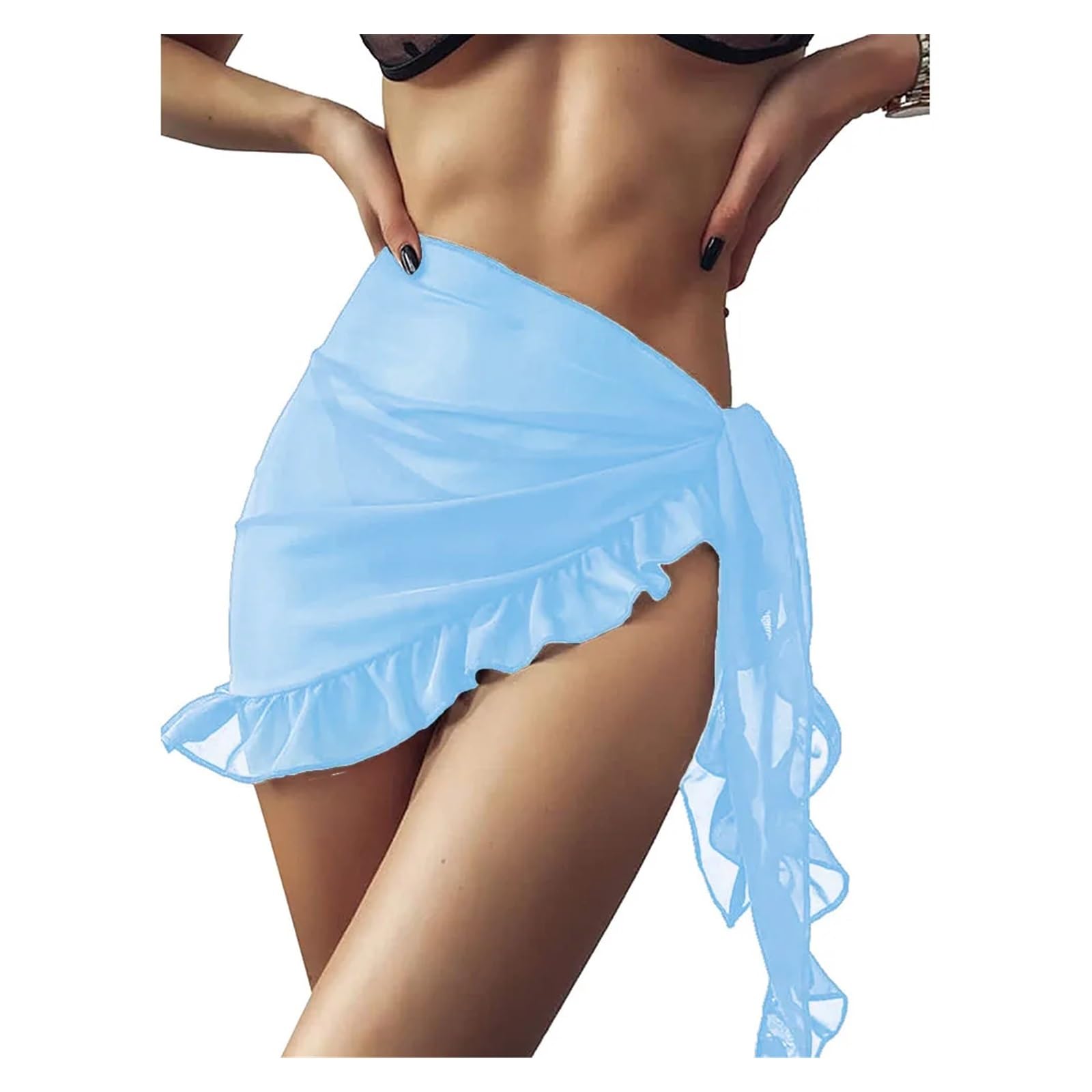 Beach Dress Swimsuit Coverups for Women Ruffle Hem Sarong Beach Bikini Wrap Sheer Short Skirt Chiffon Scarf for Swimwear(Light Blue-Ruffle)