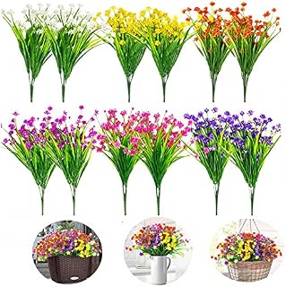 Siganorpy 12 Bundles of 6 Colors Artificial Flowers Outdoor UV Resistant Shrubs Plants for Hanging Planter Home Wedding Porch Window Decor