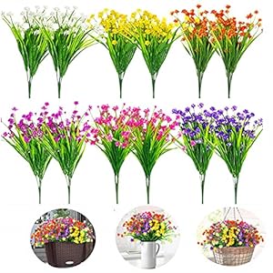 Siganorpy 12 Bundles of 6 Colors Artificial Flowers Outdoor UV Resistant Shrubs Plants for Hanging Planter Home Wedding Porch Window Decor