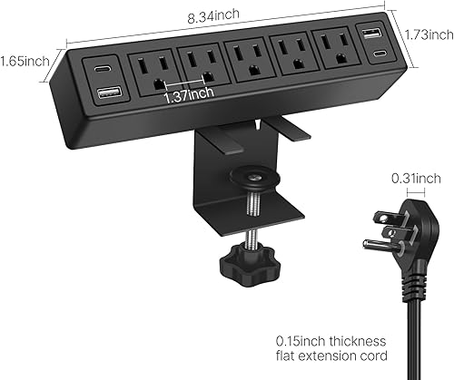 Miniatura 7 de Regleta de alimentación de escritorio de carga rápida total de 40 W con 4 puertos USB PD20W, 5 tomacorrientes, protector de sobretensiones de 1200J