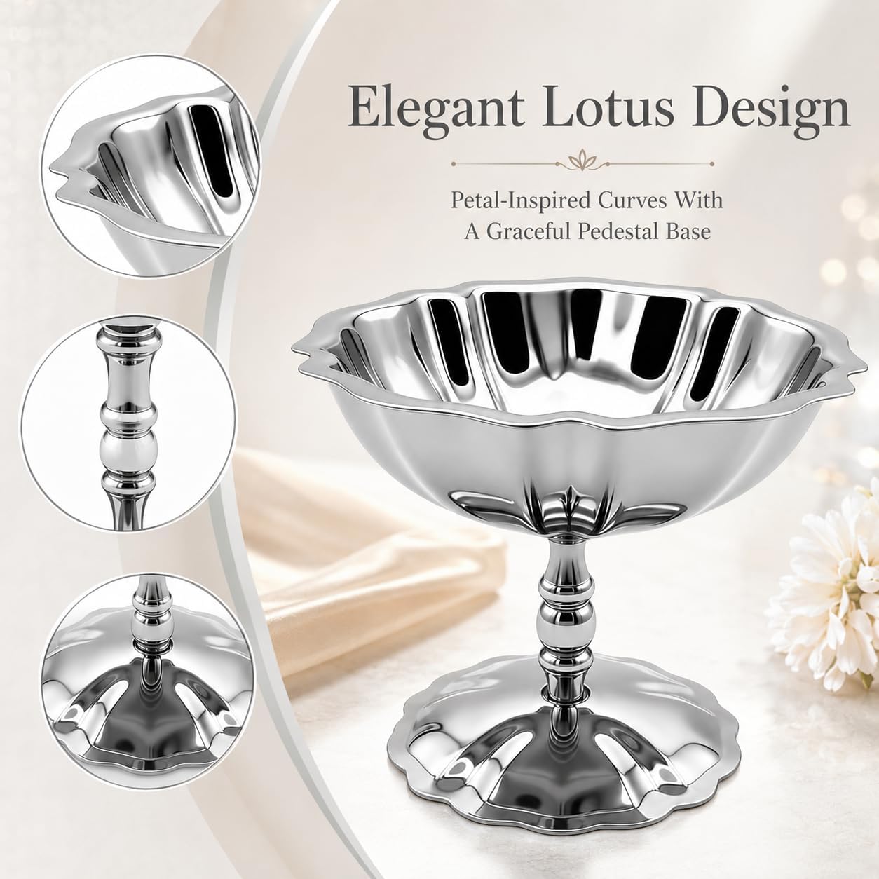 4 Pcs 304 Stainless Steel Ice Cream Bowls, Elegant Lotus Shape Pedestal Dessert Snack Cups, Food-Safe Silver Pudding Bowls for Ice Cream, Yogurt, Pudding, Snack, 4.5 x 3.1 x 3.7 in