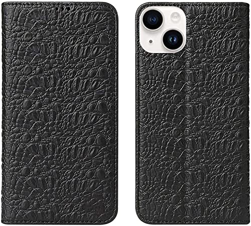 Étui en cuir crocodile iPhone 14 Plus clapet premium noir avec fente pour carte