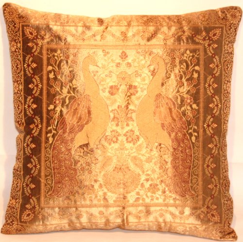 Indische Banarasi Seide Deko Kissenbezüge 40 cm x 40 cm, Extravaganten Golden Farbe, Pfau Design für Sofa & Bett…