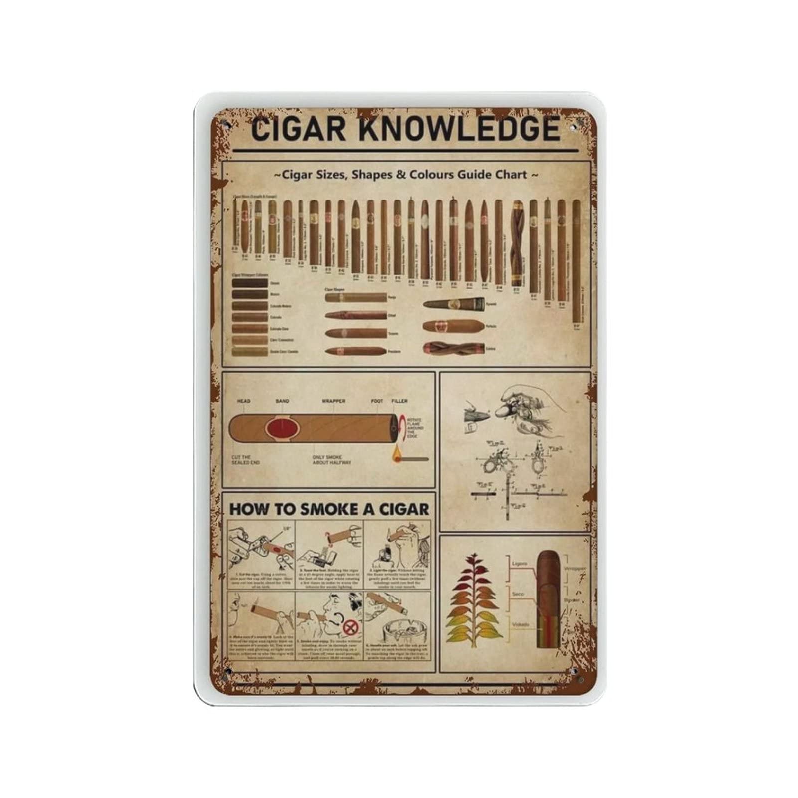 rayprint Cigar Knowledge Poster Metal Tin Sign Art Wall Plaque Decor Vintage Retro Sign Iron Painting Aluminum Sign for Home Decor Bar Shop Men Cave Outdoor Garage Indoor 12"x8"