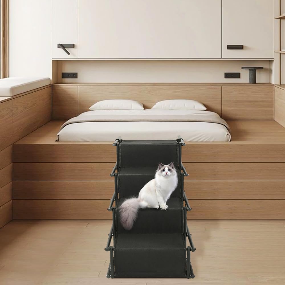 Scala per cani 4 gradini, Rampa auto per cani pieghevole, carico 75 kg, superficie antiscivolo, alluminio leggero, ampia pedana portatile per animali domestici, nero