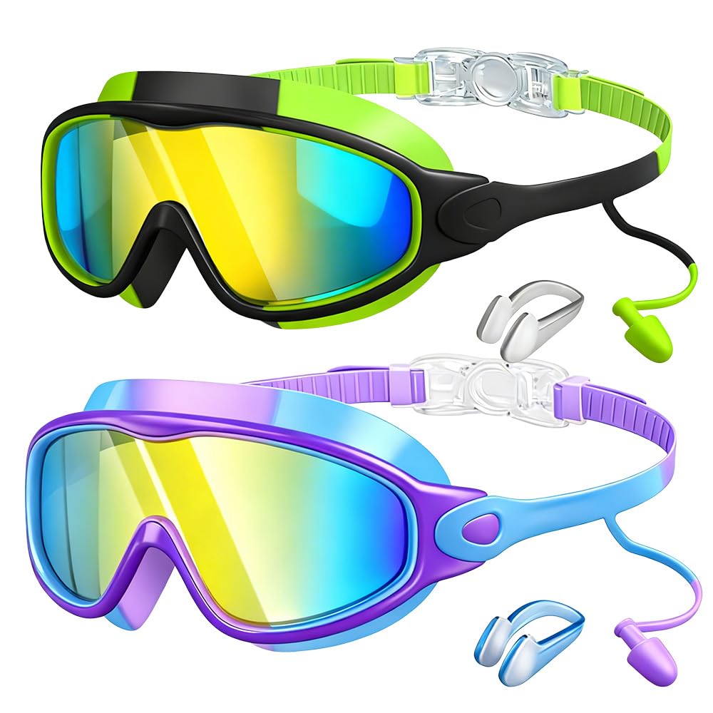 2PCS Kids Swimming Goggles, 2026 New Swim Goggles for Children & Teens Age 4-14, Wide Vision Anti-Fog UV Protection, Girls and Boys Swimming Goggles No Leak (C03)