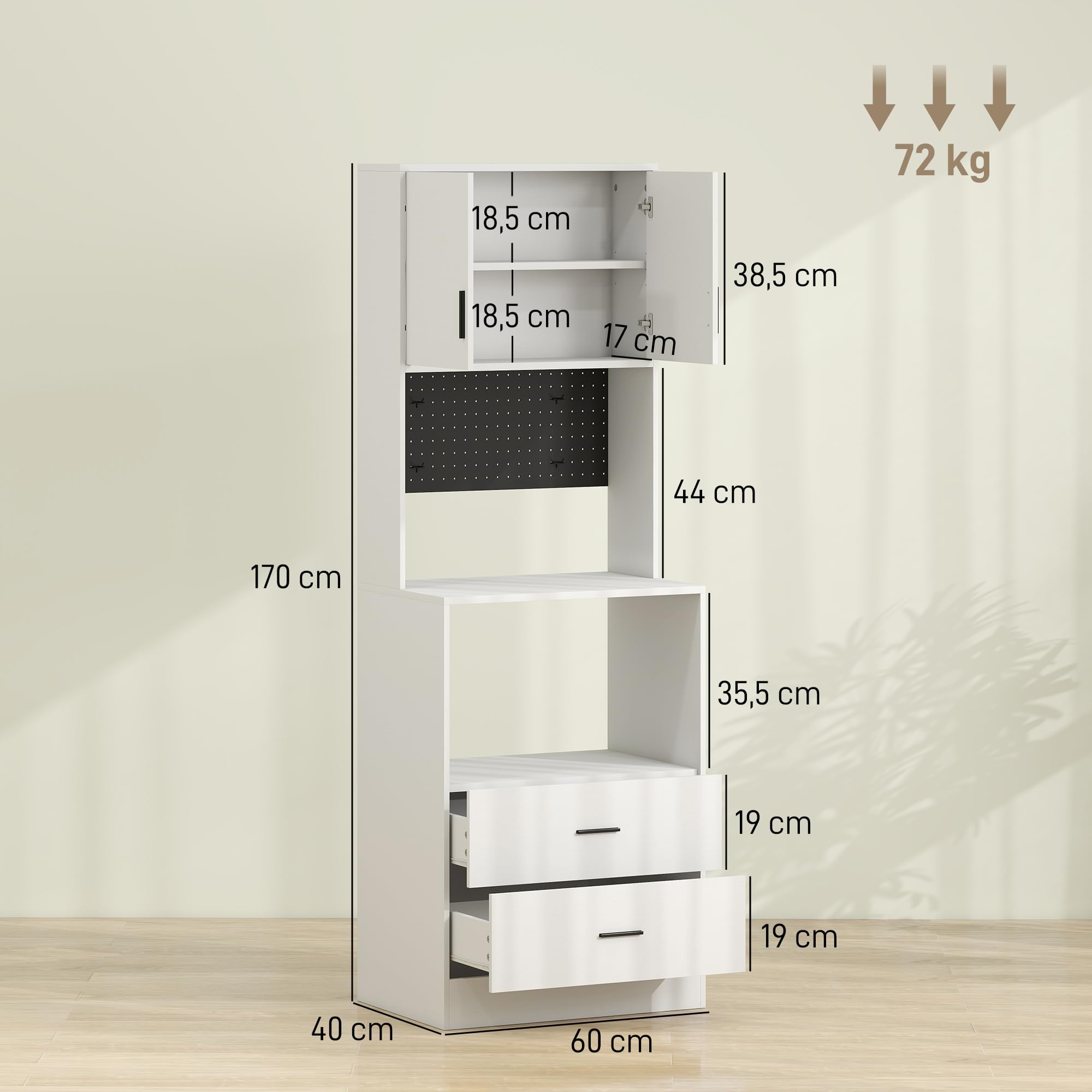 HOMCOM Mueble Auxiliar de Cocina, Aparador de Cocina con Soporte para Microondas, 2 Cajones, 2 Puertas, Estante Ajustable y Panel Perforado de Metal con 4 Ganchos, para Salón, 60x40x170 cm, Blanco
