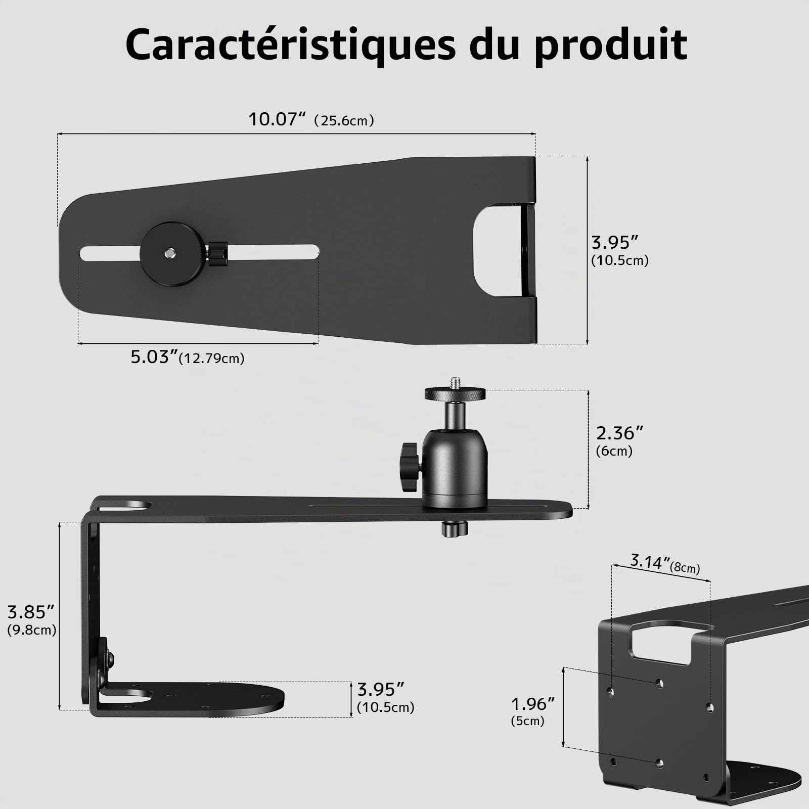 Support Universel Projecteur Plafond Mural Fixation 1/4", Capacité 10 kg, Rotation 360°, Ajustement 12 cm