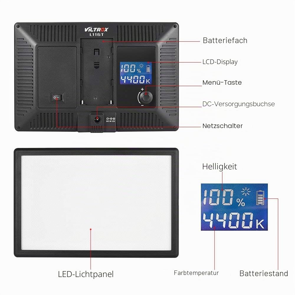 VILTROX L116T LED Video Licht Panel, Dimmbar, zweifarbig, 3300–5600 K, CRI95+, ultradünnes Panel-Kameralicht für Konferenz, Podcast, Live-Übertragung, Live-Streaming, Interview, Vlog-Beleuchtung