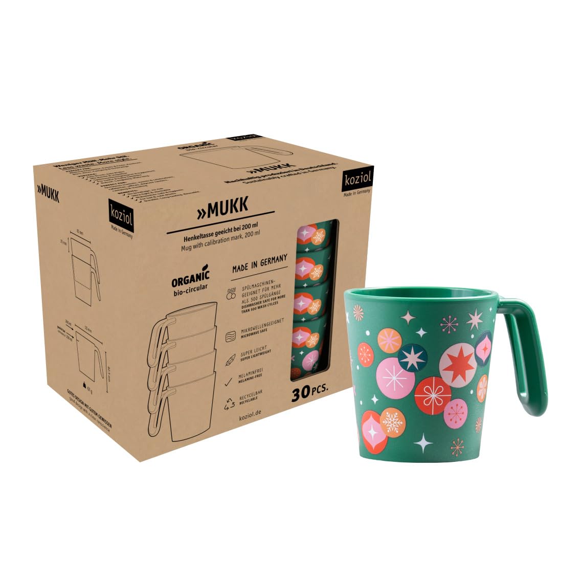 Koziol MUKK Mehrwegbecher, wiederverwendbar, stapelbar, spülmaschinenfest, Glühweinbecher für Weihnachtsmärkte, 30er Set, max. Füllmenge 260 ml, Eichstrich bei 200 ml, Velvet Green