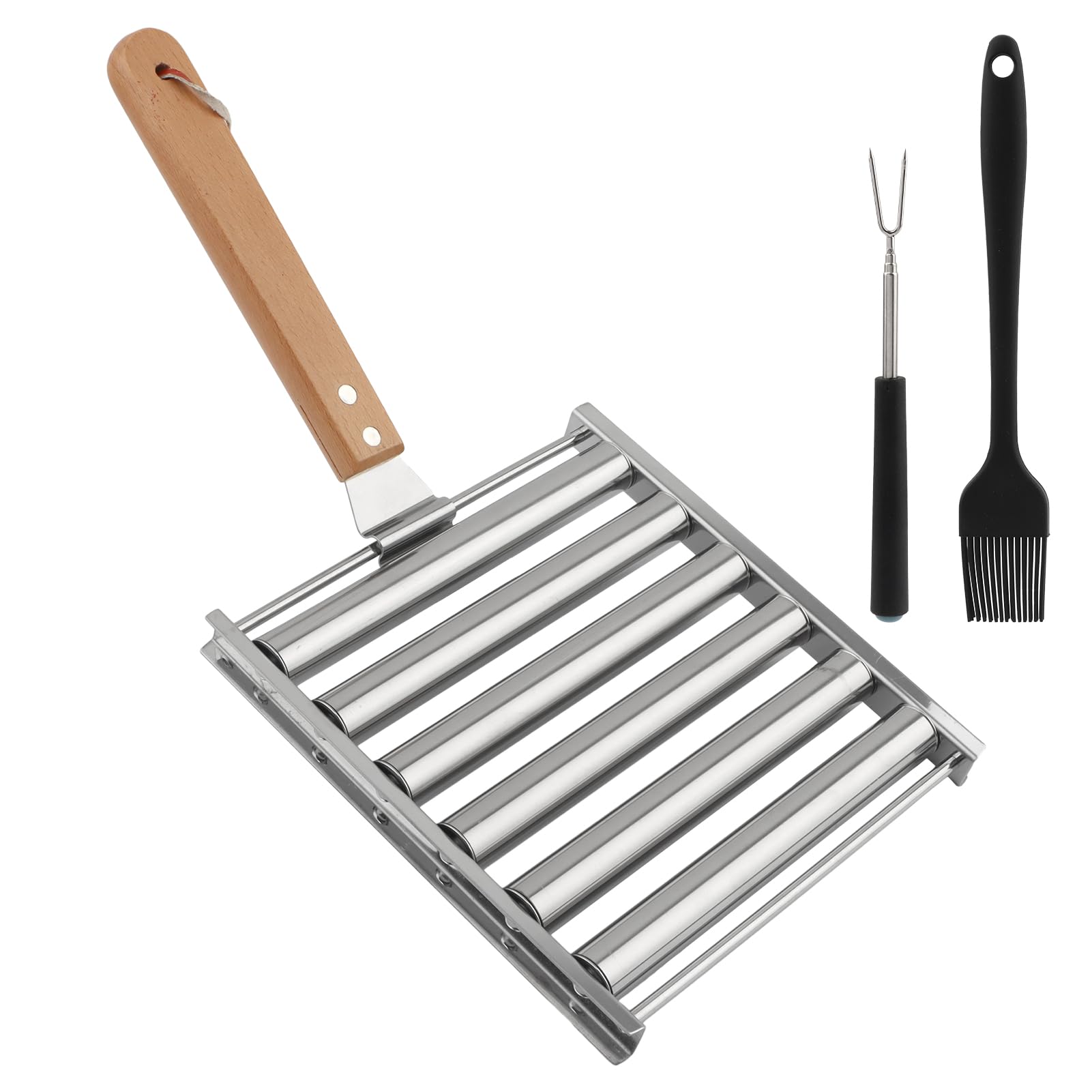 Hot Dog Roller, 5 Hot Dog Capacity, Stainless Steel Sausage Grill Rack with Long Wood Handle, Includes Silicone Basting Brush and BBQ Meat Fork, Perfect for Evenly Cooked Hot Dogs