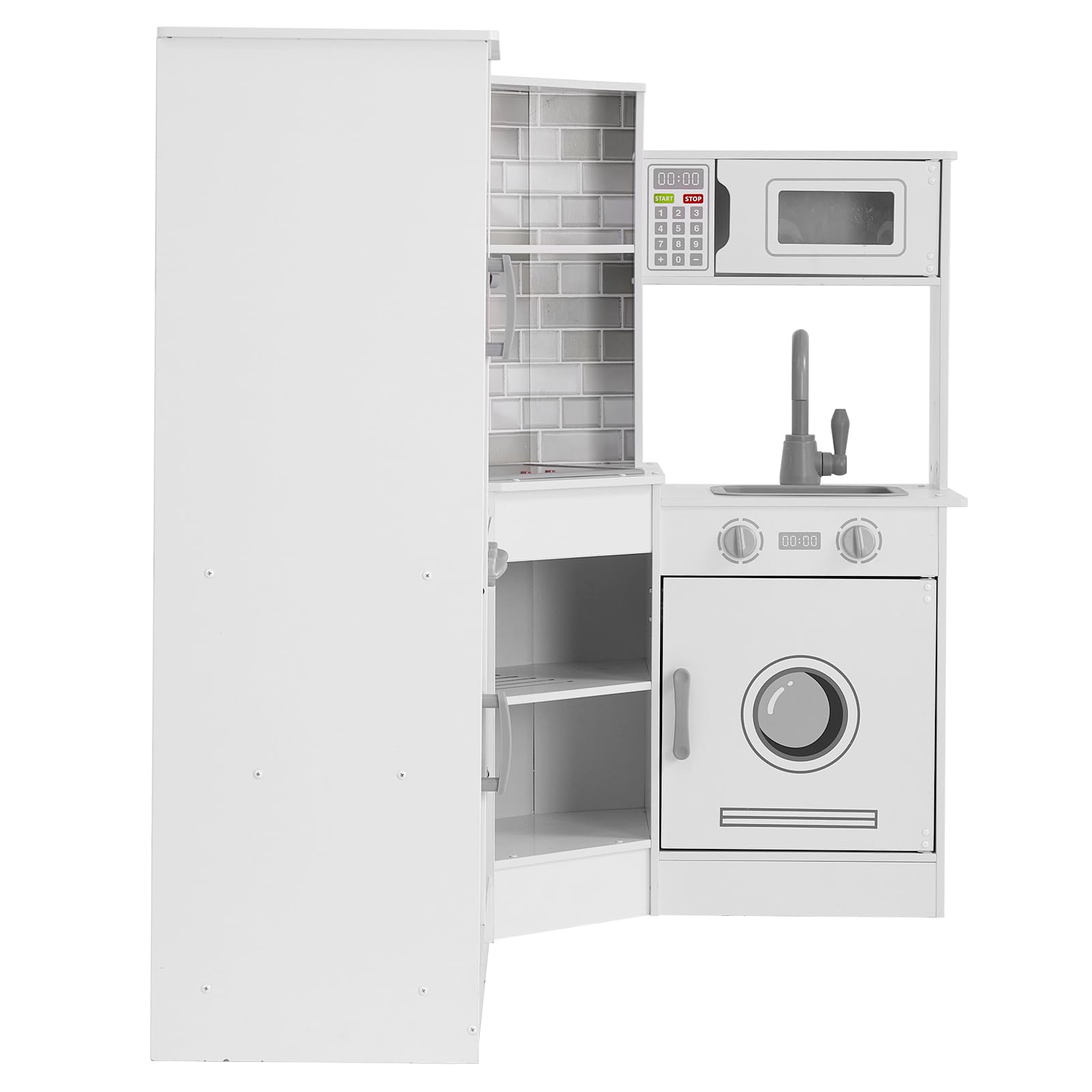 VEVOR Cuisine pour Enfants, Ensemble Cuisine d'angle en Bois, Lumières, Sons, Machine à Glaçons, Four, Évier, Horloge, Micro-Ondes, Réfrigérateur, pour Tout-Petits, Enfants d'Âge Préscolaire, Blanc