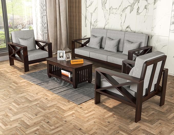 Image of Sheesham Wooden 5 Seater Sofa for Living Room | Rosewood 5 Seater Cushion Sofa X-Legs | Solid Wood Sofa Set for Lounge (3+1+1,Walnut Finish)