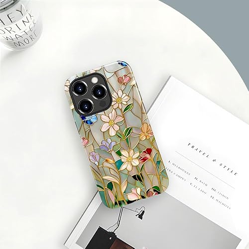 Miniatura 4 de Funda compatible con iPhone 15 Pro Max, funda híbrida brillante de 2 capas para teléfono para niñas y niños, diseño de flores de flores de vidrieras