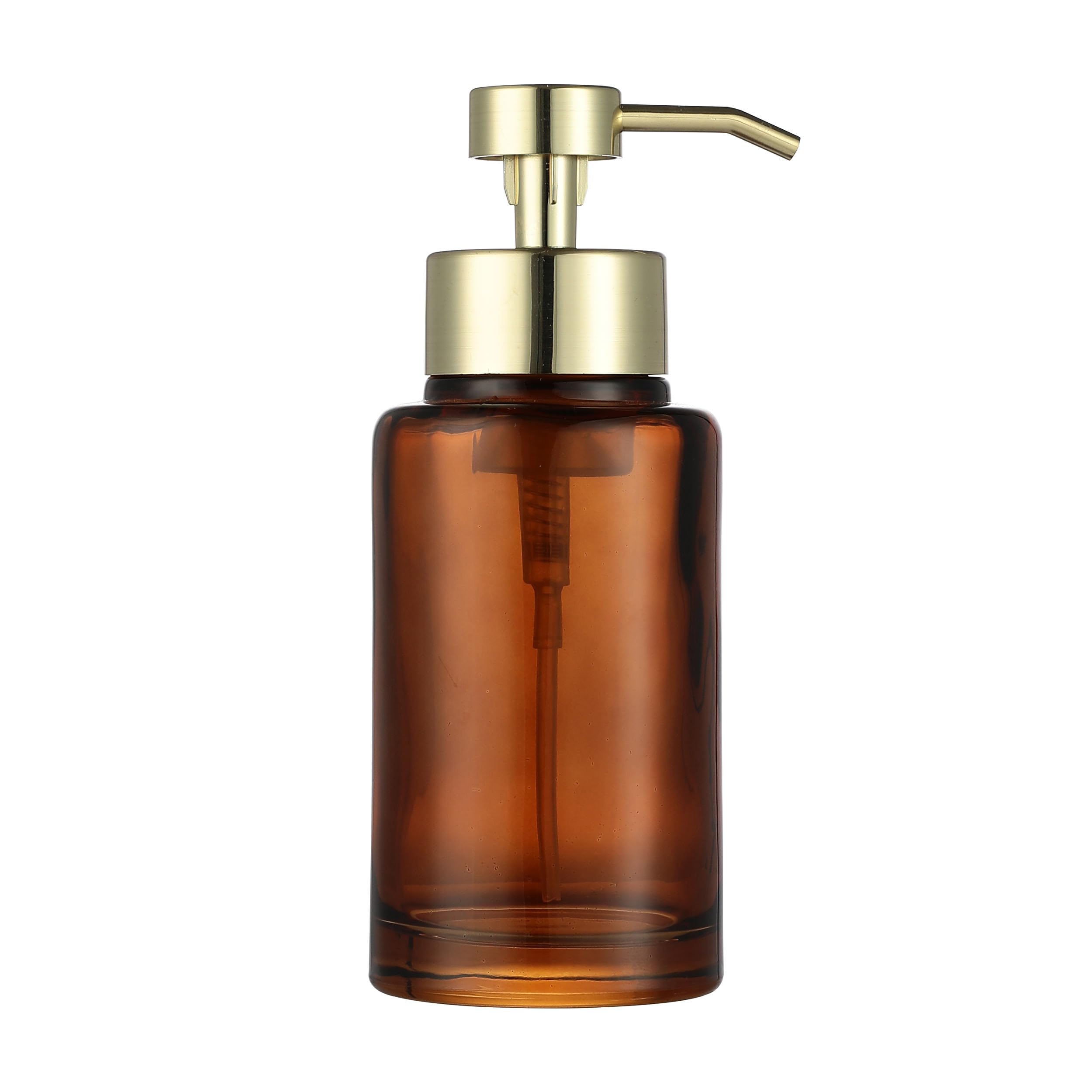 H Halston Amber Glass Foaming Soap Pump Dispenser, Foaming Soap or Liquid handoap compatable, Durable, Refillable, Bathroom &amp; Kitchen Countertop, Bathroom, Home Decor (Amber Glass with Gold Pump top)