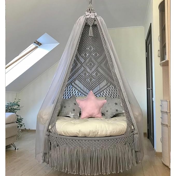 Image of Macrame Hanging Chair Swing with Cushions, Boho Indoor Round Hammock Seat Indoor & Outdoor - Patio, Balcony, Bedroom, Living Room, Garden-Kids, Adults (Grey with Stars)