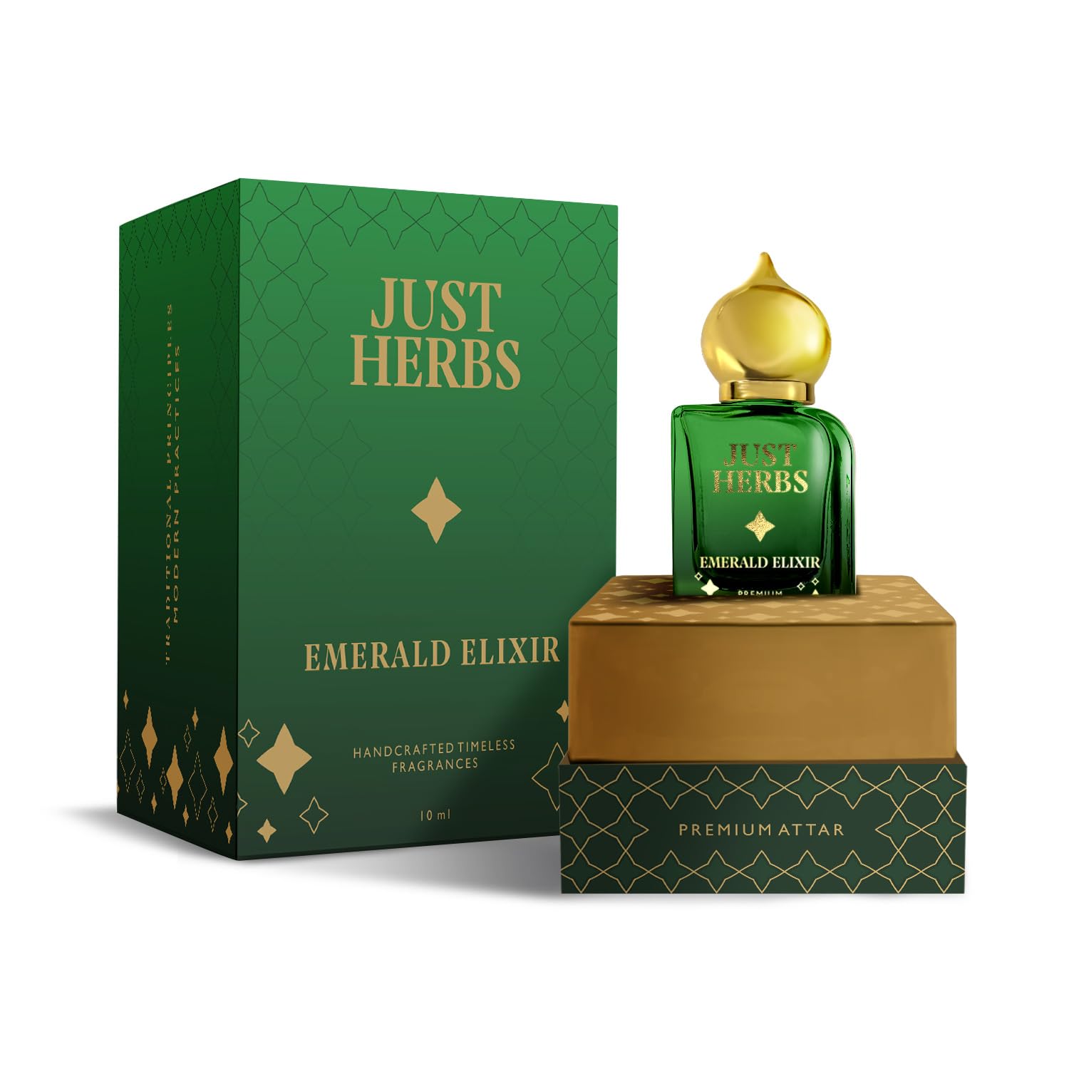 Just Herbs Emerald Elixir Premium Attar | Non Alcoholic Long lasting Fragrance For Men 10ml
