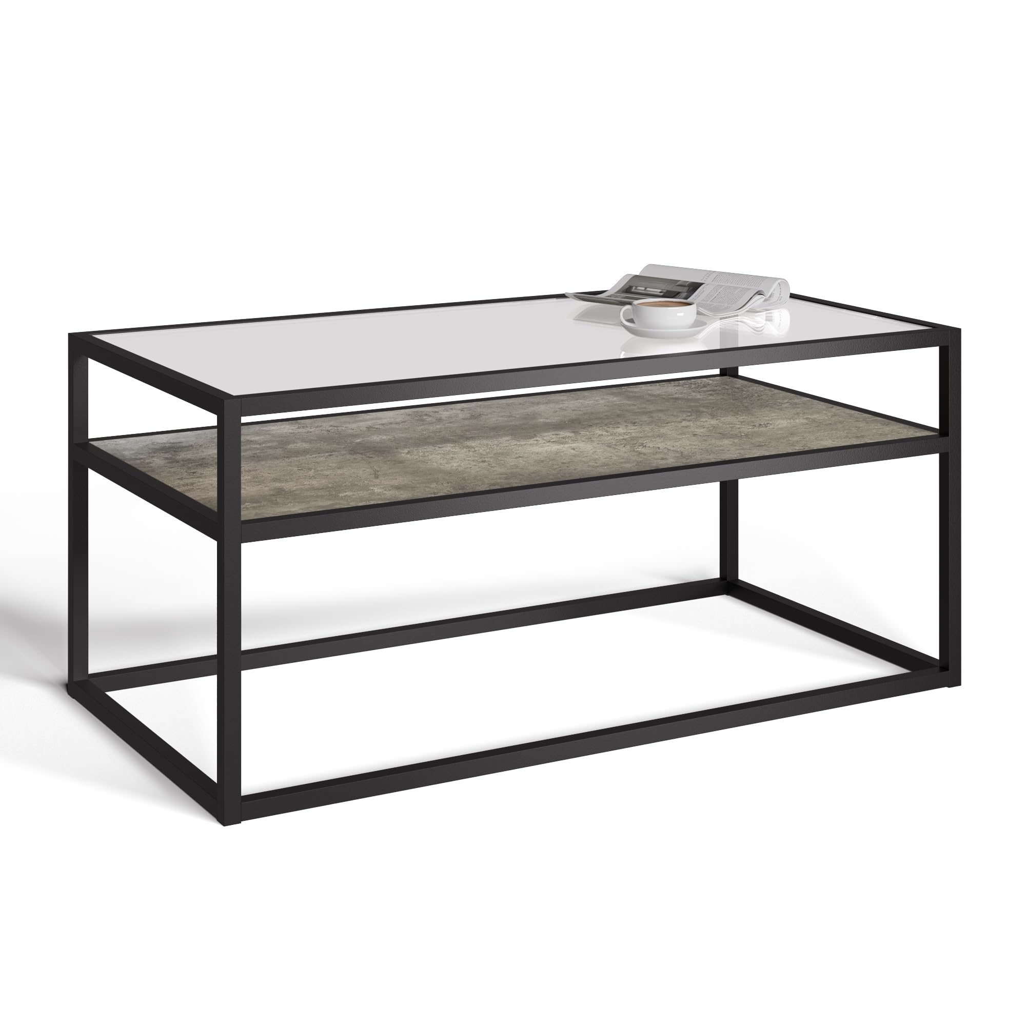 URBNLIVING Glass Display Top Coffee Table with Steel Frame Reversible Wooden Storage Shelf