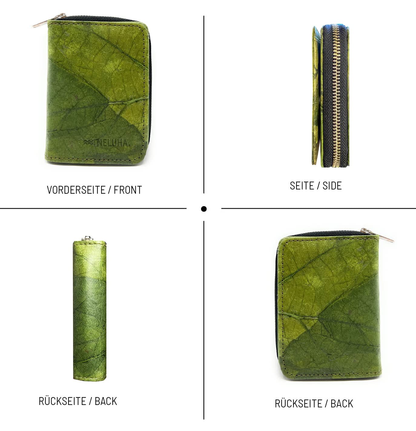 Portafoglio in foglie di teak, un'alternativa in pelle vegana e sostenibile, portafogli con molti scomparti apribili con chiusura lampo, verde, 12x9x3cm, Casual