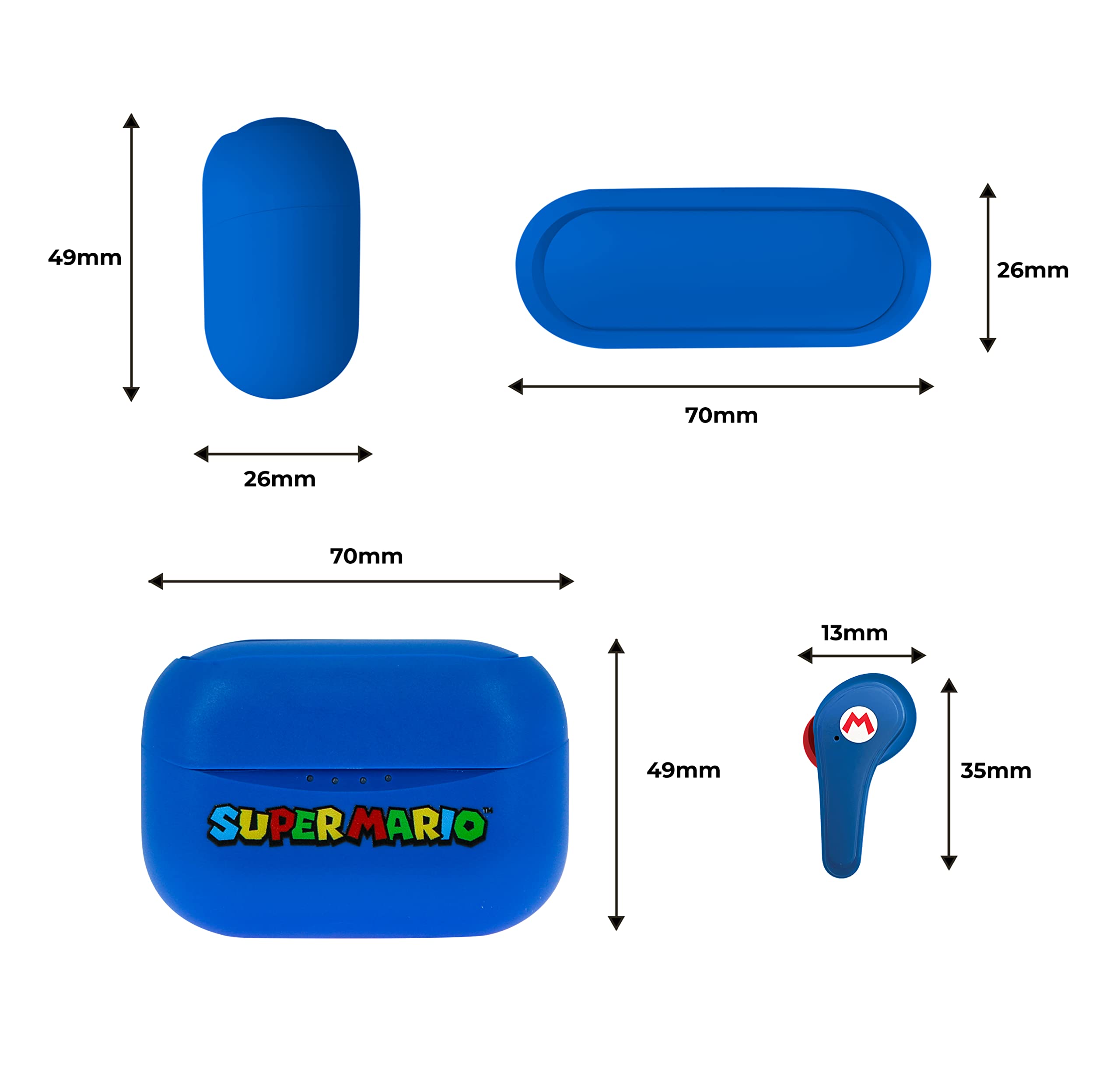 OTL Technologies Ecouteurs sans Fil Bluetooth V5.0 pour Super Mario avec boîtier de Chargement Bleu.