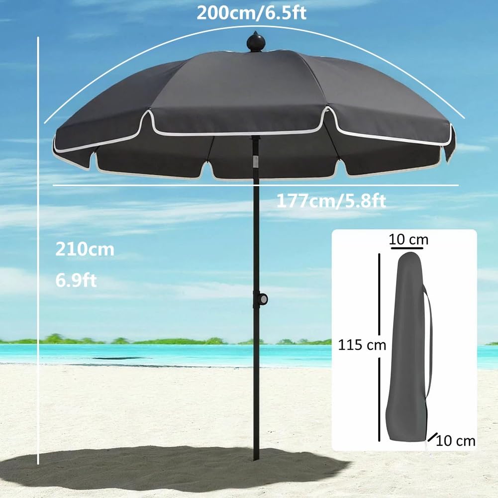 Okrągły Parasol Plażowy o 200 cm, UPF 30+ Parasol Ogrodowy z Regulowaną Wysokością i Pochyleniem o 30° w Torbą do Przenoszenia