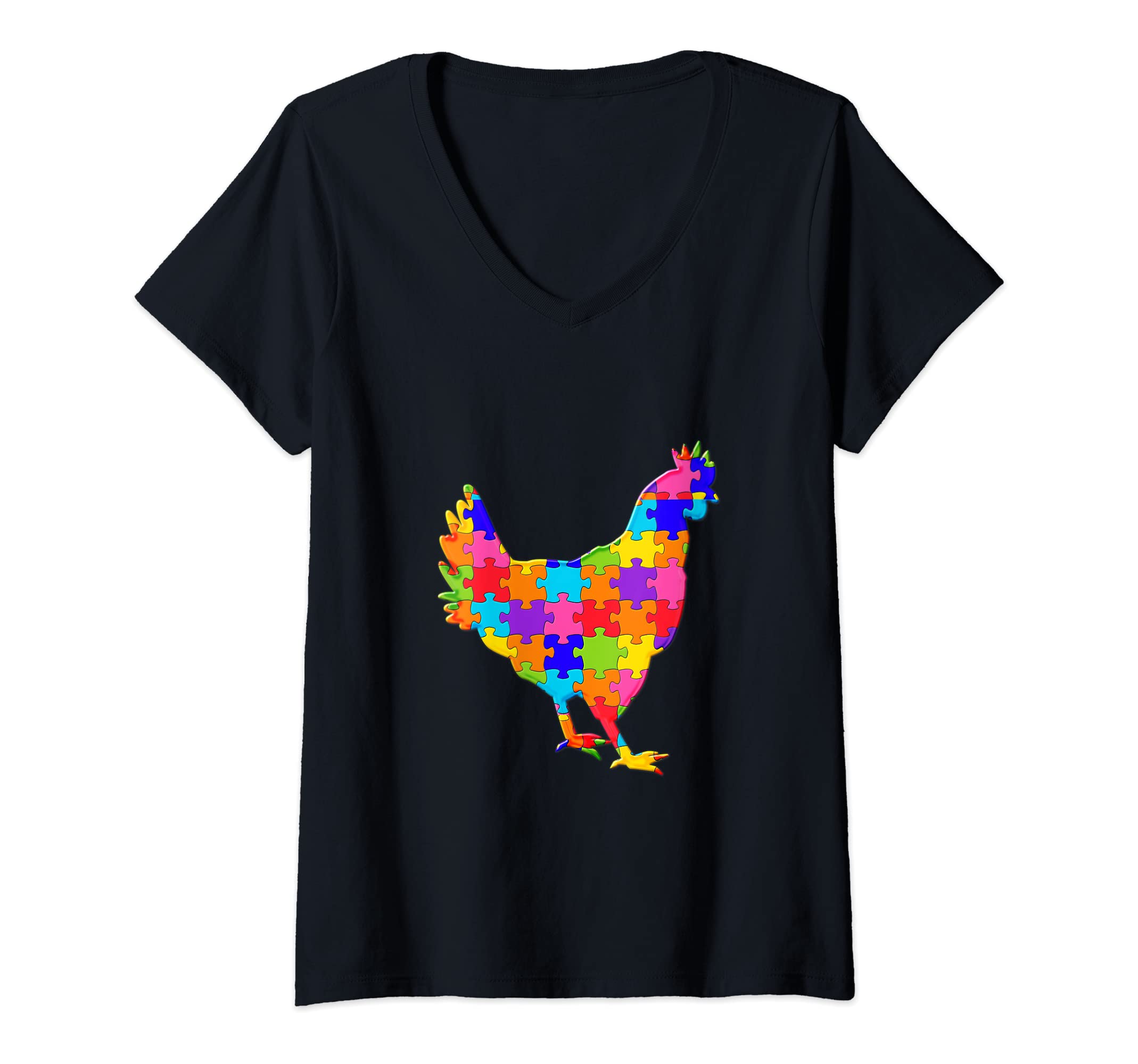 Womens Chicken hen Jigsaw Autism Puzzle V-Neck T-Shirt