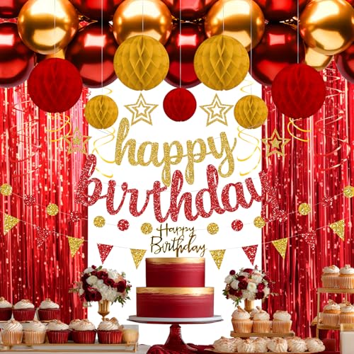 Red and Gold Birthday Party Decorations Set - Happy Birthday Banner Balloons Foil Curtains Hanging Swirls for Men Women Birthday Party Supplies