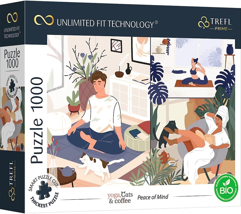 Trefl 10695 1000 Elements, Thickest Cardboard, Organic, Eco, Cats, Coffee, Relaxation, Recreation, Entertainment for Adults and Children from 12 Years, Puzzle Yoga, Cats & Coffee: Peace of Mind
