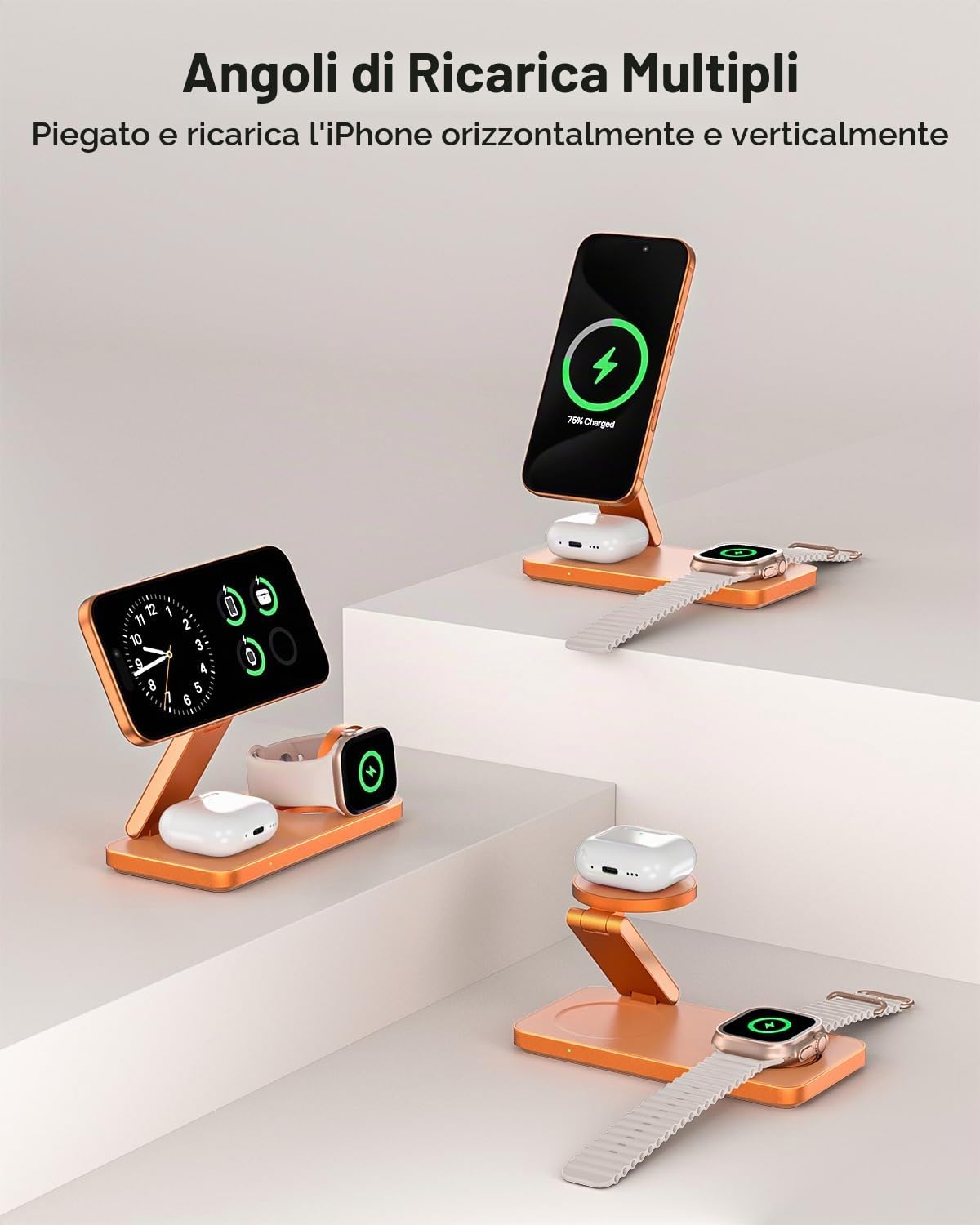 EXW Qi2.2 25W Stazione di Ricarica 3 in 1, Caricatore Wireless iPhone Base di Ricarica Apple Pieghevole per iPhone 17 16 15 14 13 12, Apple Watch 11-4/Ultra/SE, AirPods, con 35W Adapter