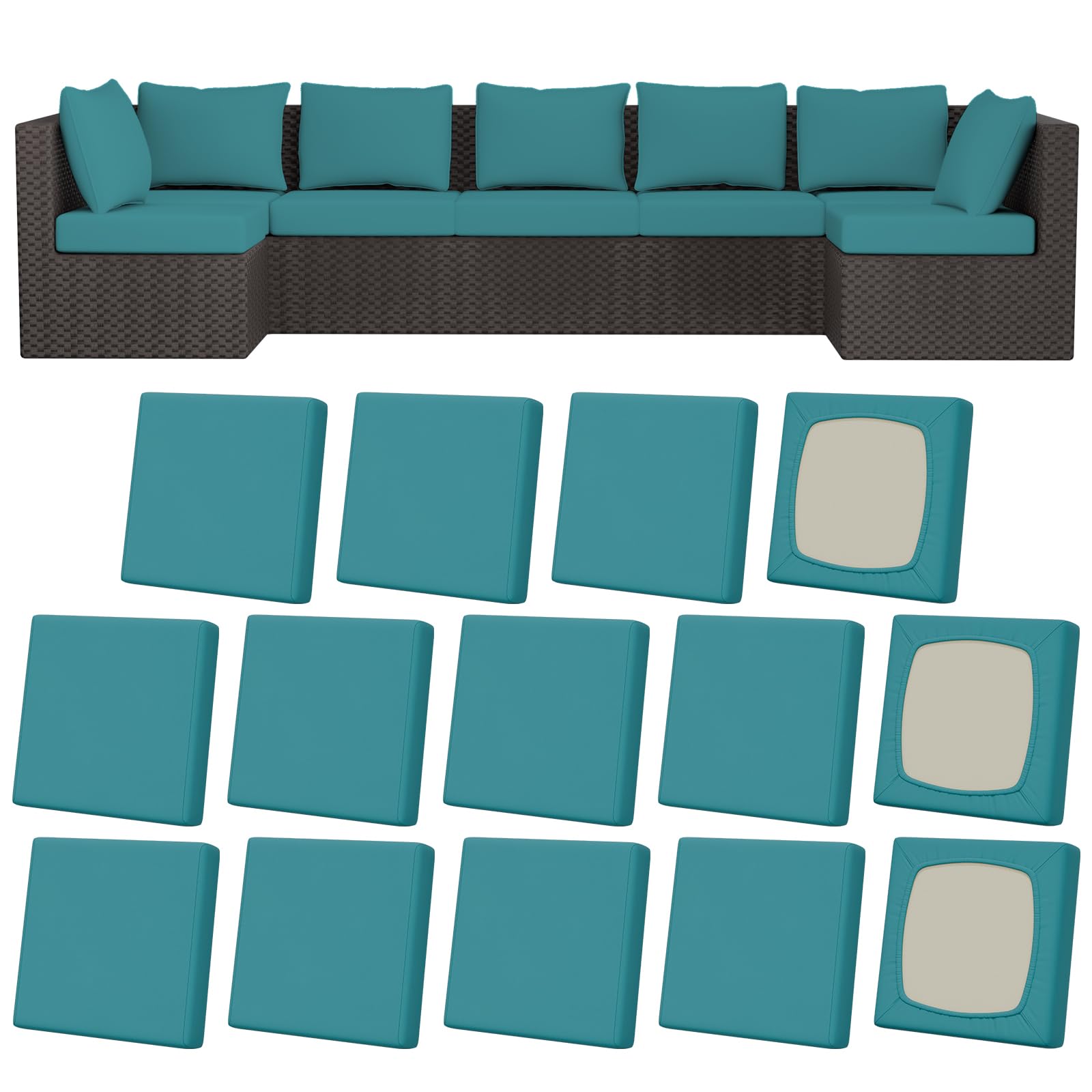 8pcs patio stretch cushion covers, outdoor couch & sofa replacement slipcovers for patio furniture cushion covers, washable reusable furniture protector, square large, petrol blue
