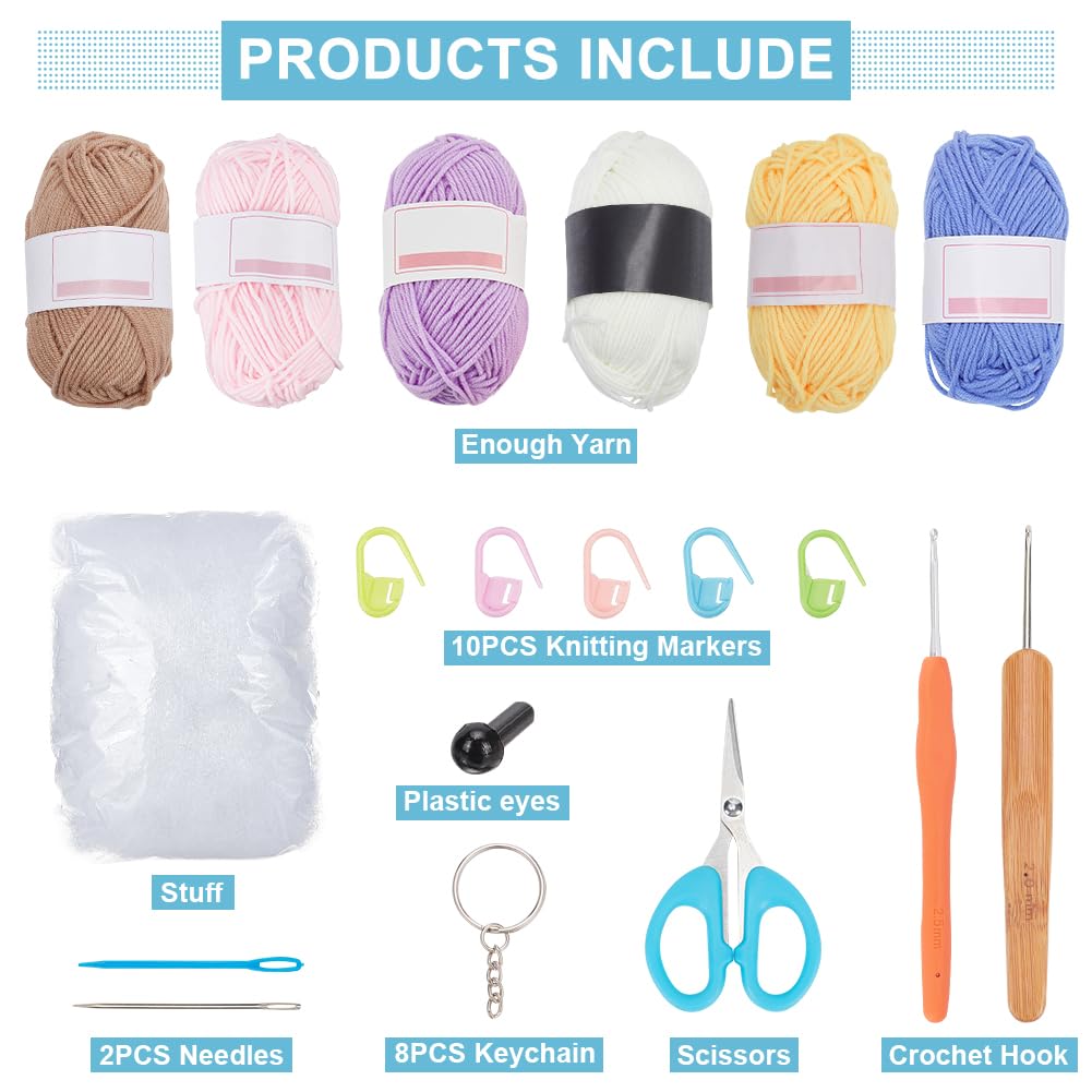 ORIGACH 8 Pcs DIY Sunflower Mushroom Baby Crochet Kit for Beginner Adults, Complete Crochet Keychain Set with Step by Step Video Tutorial, Instruction, Yarn, Hook, Accessories