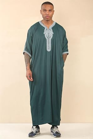 Men's Moroccan Thobe Short Sleeve Gandoura Embroidery Kaftan