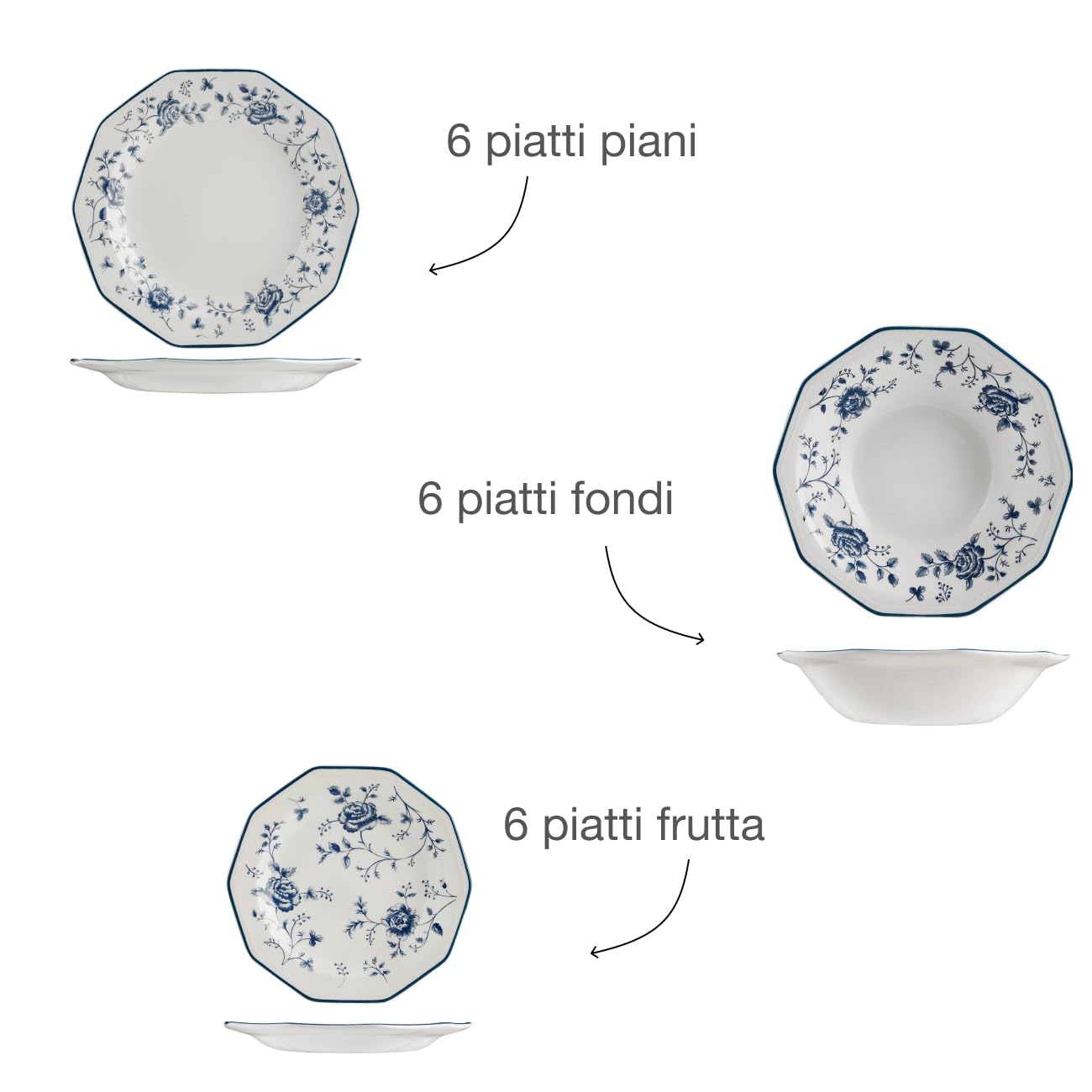 James Sadler&Sons Servizio da Tavola Rose, 18 Pezzi in Earthenware, Bianco/Blu, Lavabile in Lavastoviglie, Stile Inglese