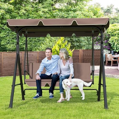 Image of GARTOO 3-Seat Patio Swing Chair, Outdoor Porch Swing with Adjustable Canopy and Durable Steel Frame for Patio, Garden, Poolside(Brown)