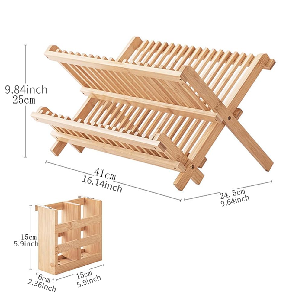 Scolapiatti in legno a 2 ripiani con portaposate, design pieghevole in bambù, tiene piatti e tazze separatamente, soluzione salvaspazio