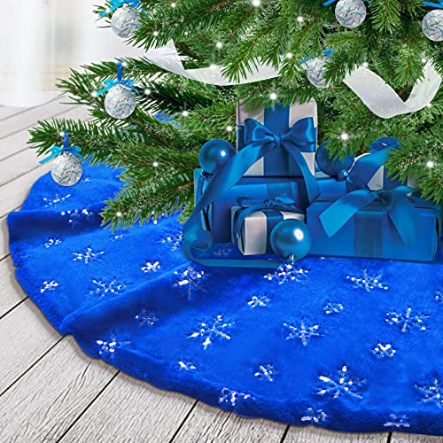 Blue Christmas Tree Skirt Plush 30 inches Dark Blue Fur Christmas Tree Skirt with Silver Sequin Snowflake Xmas Tree Skirt Mat for New Year Holiday Christmas Day Decorations (Blue-S, 78cm)2
