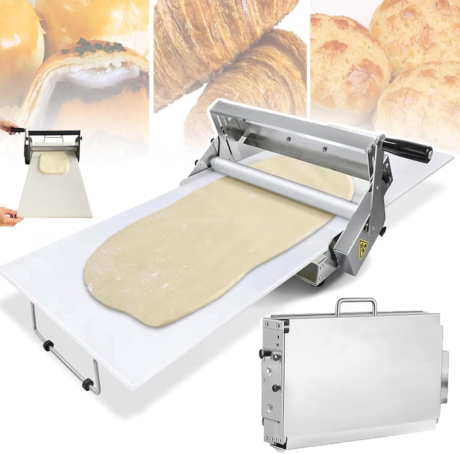 Compact Manual Dough Rolling Machine, Manual Foldable Dough Sheeter, Stainless Steel Pastry Roller with Adjustable Thickness 0-17.5 mm/0-27 mm, Commercial & Home Use, for Pizza, Croissants, Pastry, A