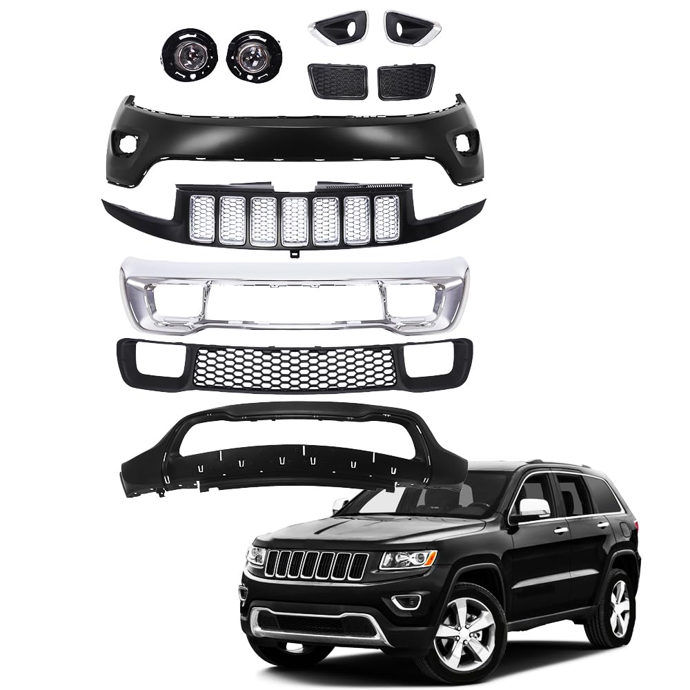 CAREONLINENew 11Pcs Complete Front Bumper Cover Grille Grill with Fog lights Fits for 2014-2016 J-e e-p Grand Cherokee, OE?68143105AC CH1037107 (OL-R426/X83250224)
