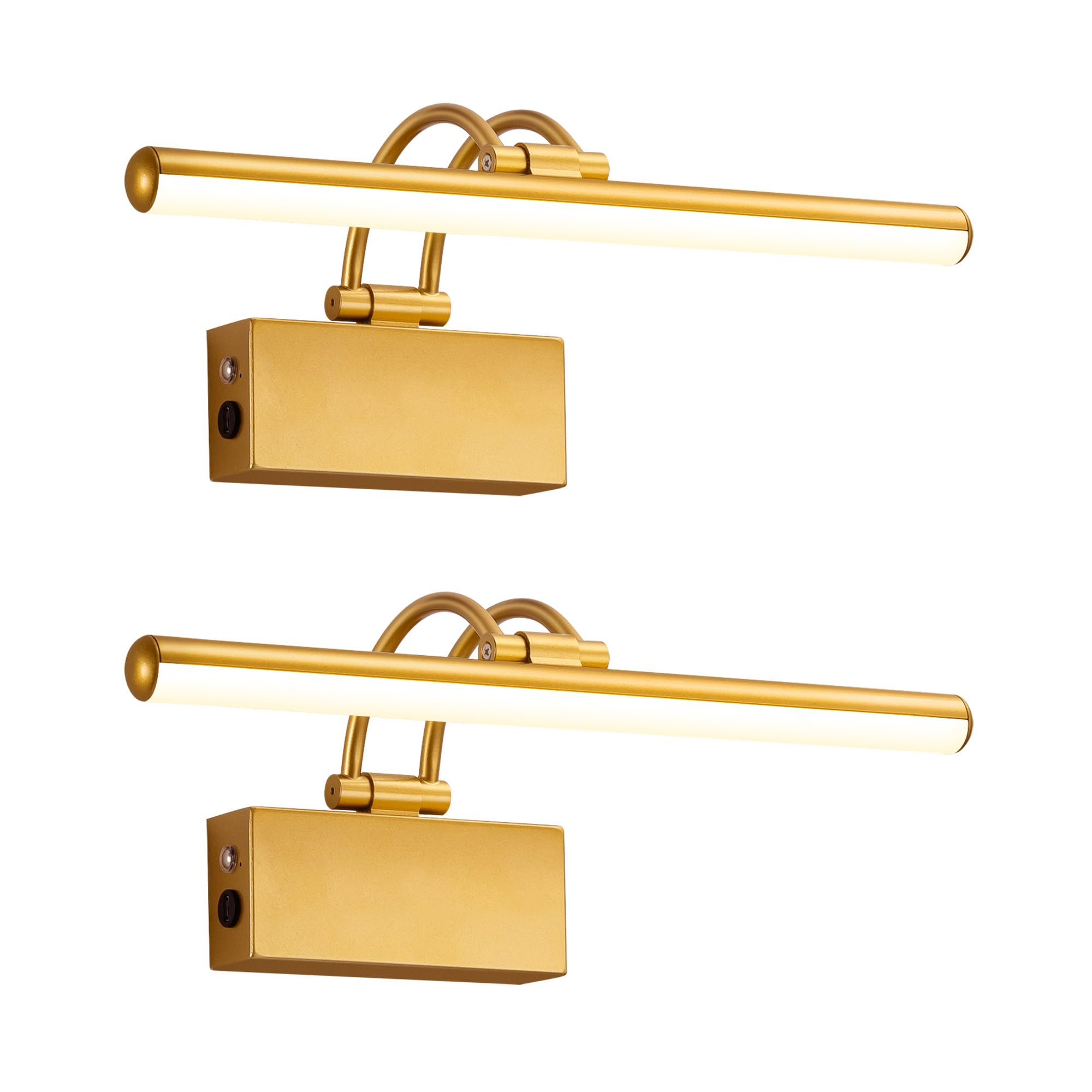 KDG LED Cordless Wall Picture Lights Set of 2 with Remote, 5200mAh Rechargeable Dimmable Art Lighting, Adjustable Swing Arm, Picture Frame Light for Gallery, Living Room, Hallway, 13.5 inch, Gold