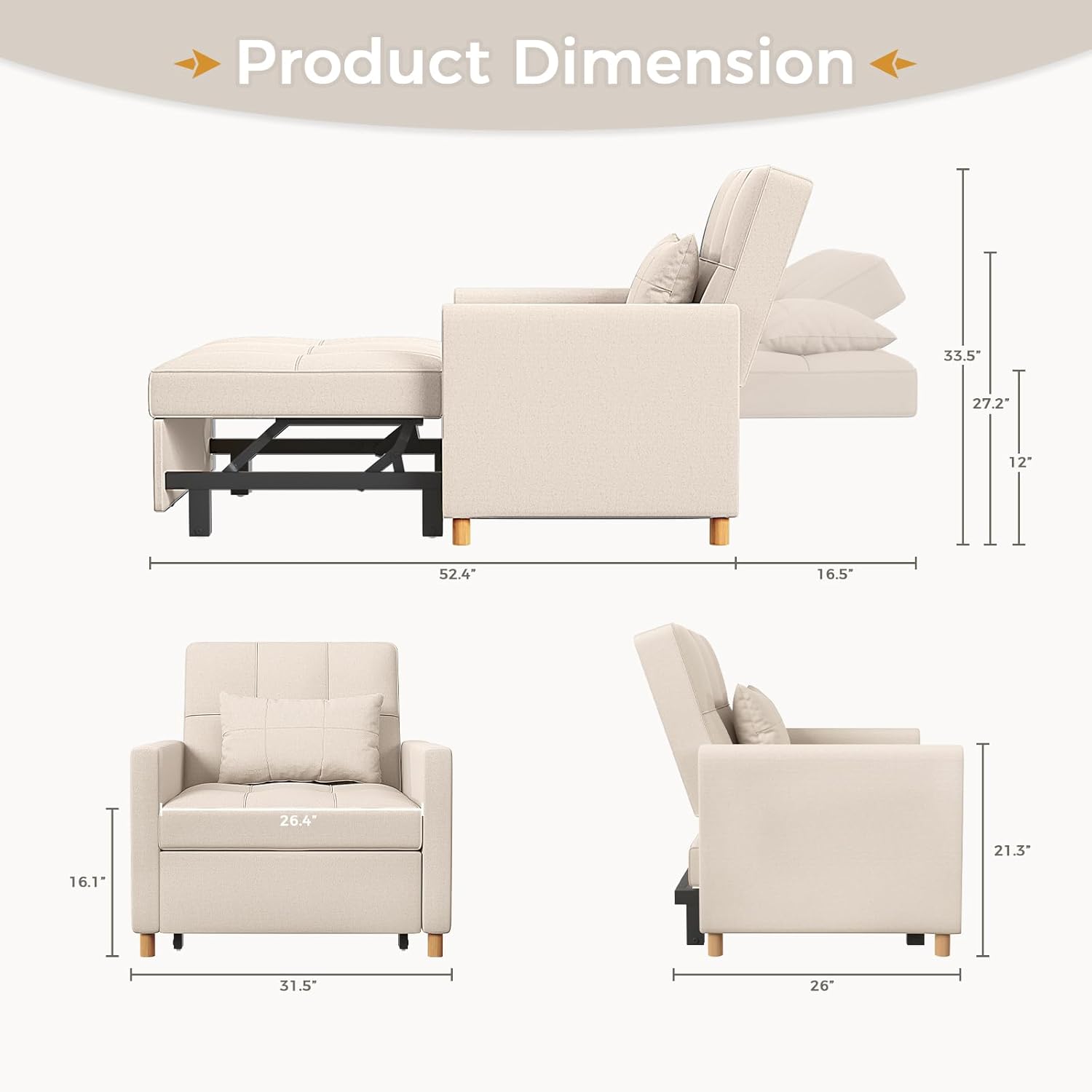 Beige Linen Convertible Sleeper Chair with Adjustable Backrest
