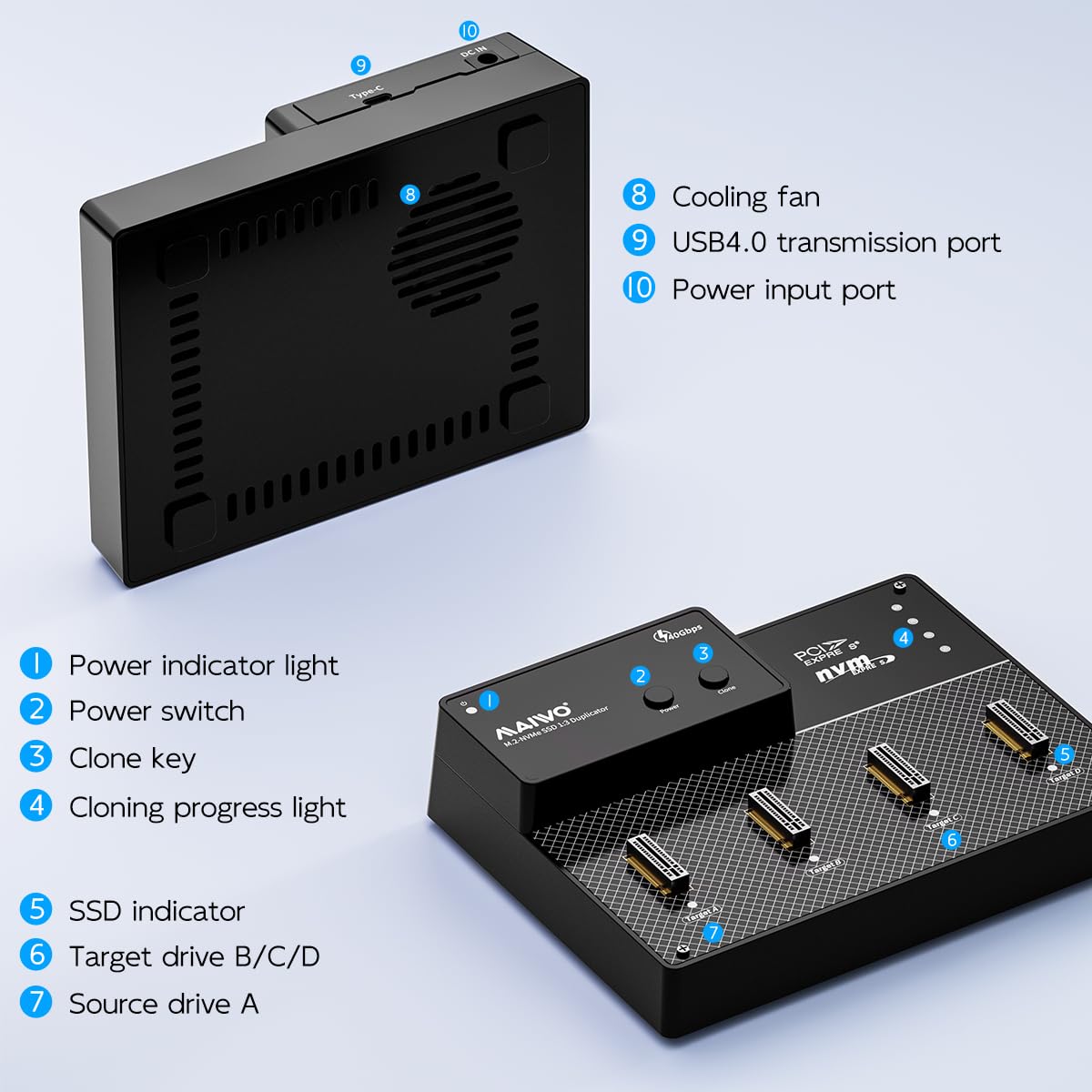 MAIWO 4 Bay M.2 NVMe SSD Dock mit Kühllüfter, USB 4.0 NVMe Cloner Duplikator, unterstützt 1-zu-3 Offline-Klon- und Software-RAID, 40 Gbit/s High Speed, abwärtskompatibel Thunderbolt 4/3
