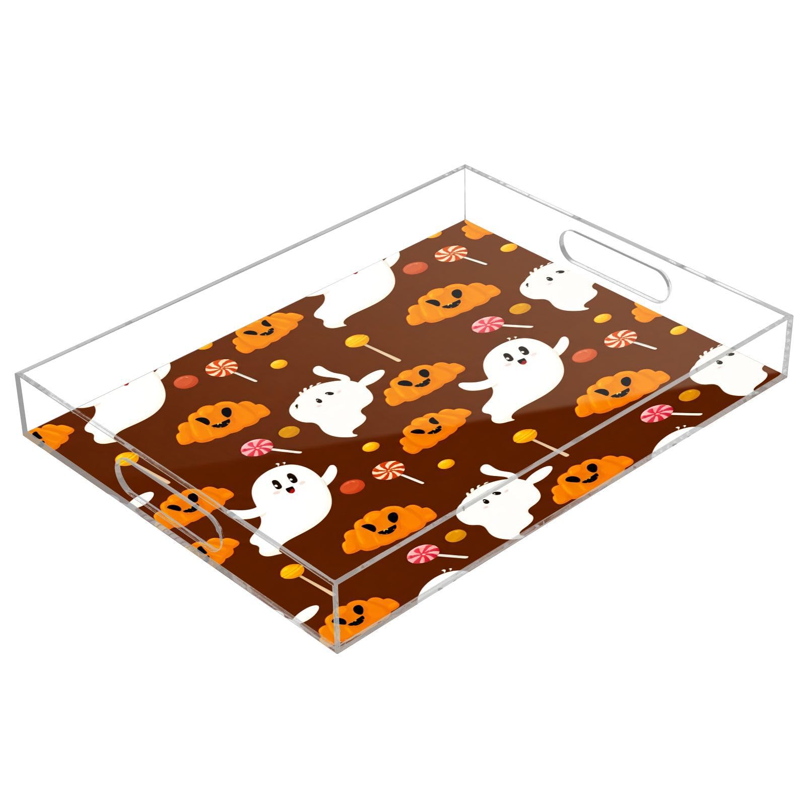 BOESI Cute Ghost and Croissant Acrylic Decorative Dining Tray, Acrylic Decorative Tray Organizer with Handle for Kitchen, Dining Room, Bathroom, Dresser