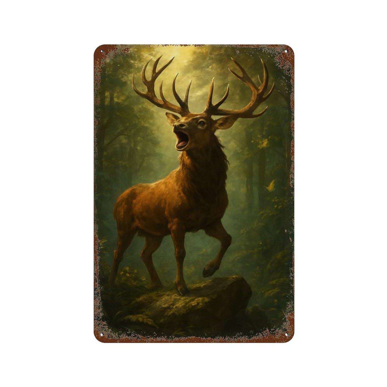 Roaring Stag in Forest Aged Metal Wall Plaque 11.8"x7.9", Classic Wall Plaque for Garage, Pub Or Kitchen
