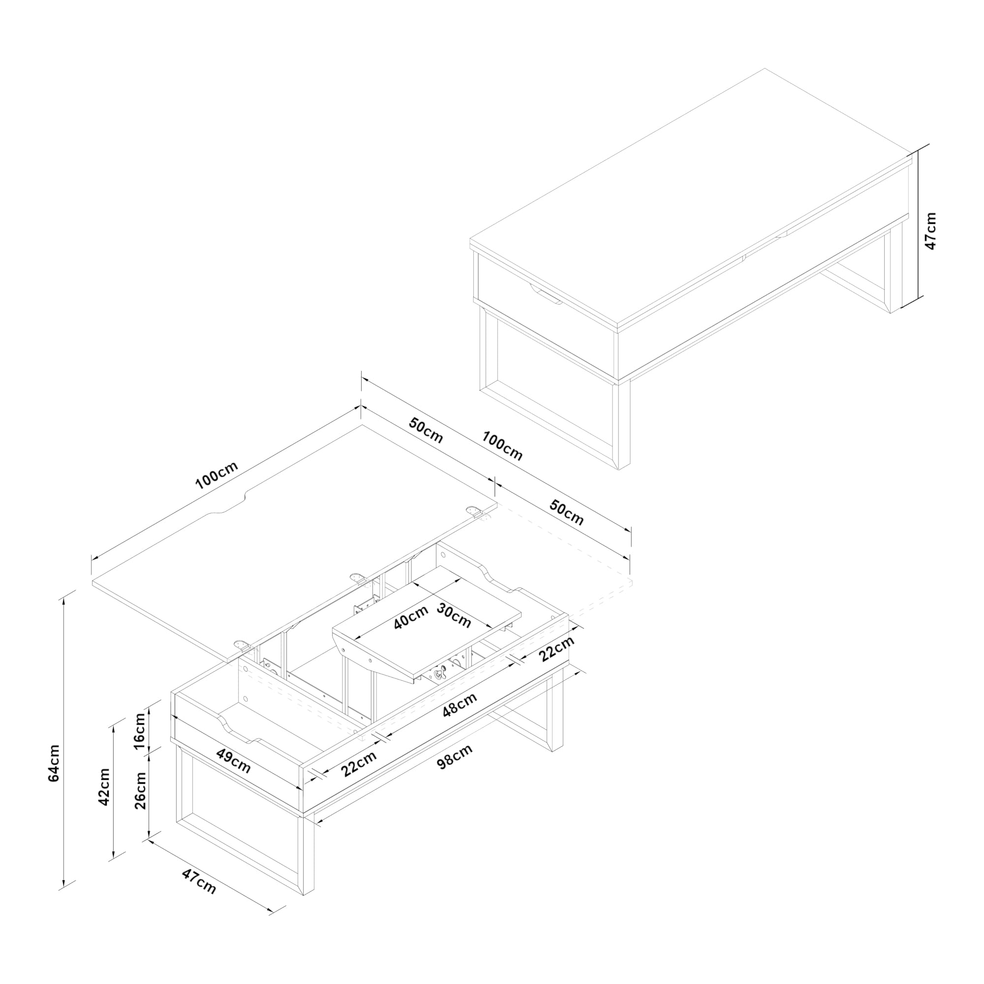 [en.casa] Mesa de Centro Rauli Mesa Baja Rectangular con Tablero Elevable y Extensible con 3 Compartimentos Internos Mueble Auxiliar Mesita para Salón 100 x 50 x 47 cm - Efecto Roble